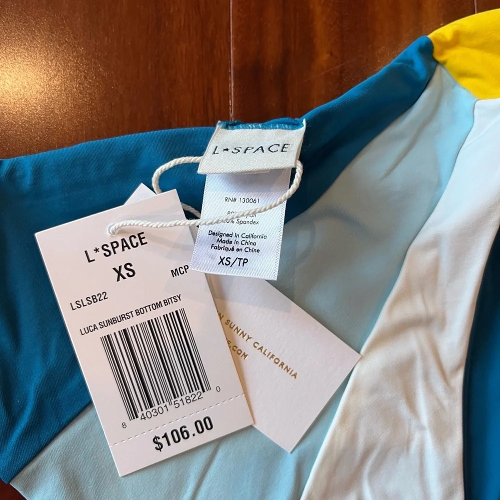 New NWT LSpace Bikini Bottom Luca Sunburst Bitsy Blue White Yellow Colorblock XS